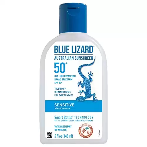 BLUE LIZARD Sensitive Mineral Sunscreen with Zinc Oxide, SPF 50+, Water Resistant, UVA/UVB Protection with Smart Bottle Technology - Fragrance Free, 5 oz