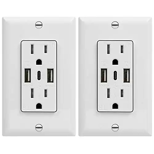 TOPGREENER USB Outlet, 5.8A 3-Port Type C Wall 15 Amp Tamper-Resistant Receptacle Plug, Compatible with iPhone 15 Series & More, UL Listed, TU21558AC3-2PCS, White, 2 Pack