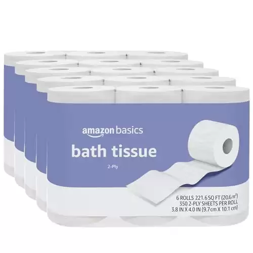 Amazon Basics 2-Ply Toilet Paper, 30 Rolls (5 Packs of 6), Equivalent to 129 regular rolls