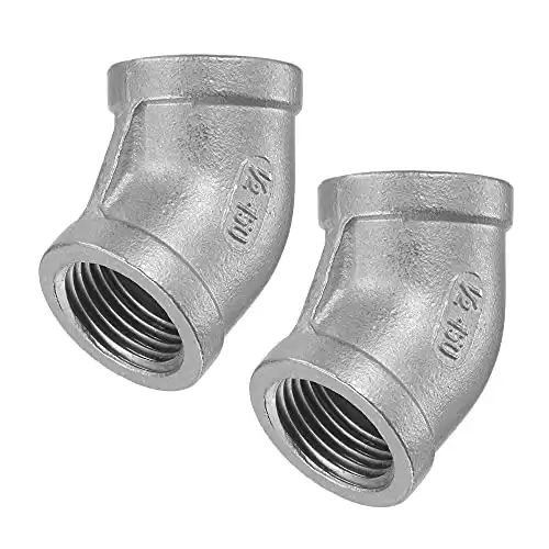 uxcell Pipe Fitting 45 Degree Elbow 1/2 NPT Female Thread Hose Connector Adapter, 304 Stainless Steel Pack of 2