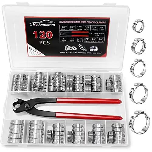 120PCS 5 Sizes PEX Clamps Kit with Plier, 1/2'', 3/4'', 3/8 , 5/8'', 1'', Premium 304 Stainless Steel Cinch Crimp Rings, PEX Tool Kit Assortment for PEX Tubing ...